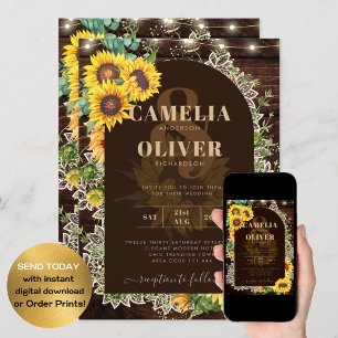 Rustic Sunflowers Lights Lace Arch Wedding Invitation