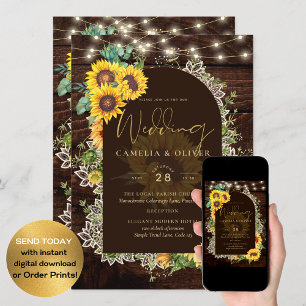 Rustic Sunflowers Lights Lace Arch Wedding Invitation
