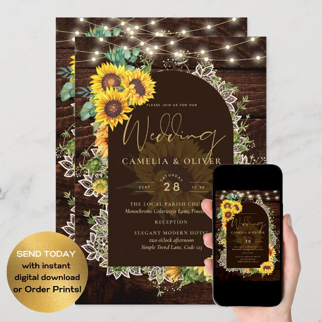 Rustic Sunflowers Lights Lace Arch Wedding Invitation (Creator Uploaded)
