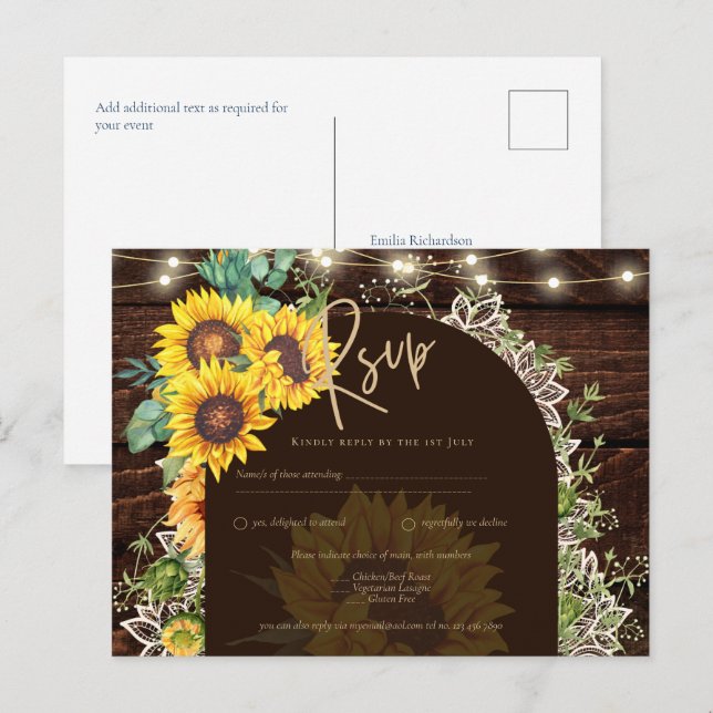 Rustic Sunflowers Lights Lace Arch Wedding Postcard (Front/Back)
