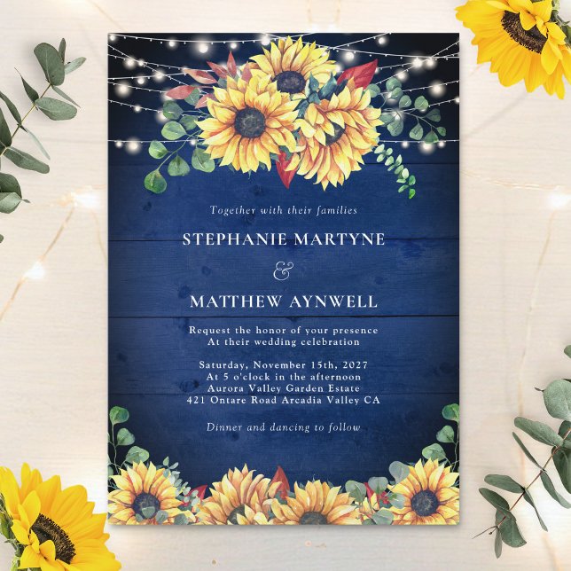 Rustic Sunflowers Lights Navy Blue Wood Wedding Invitation (Creator Uploaded)