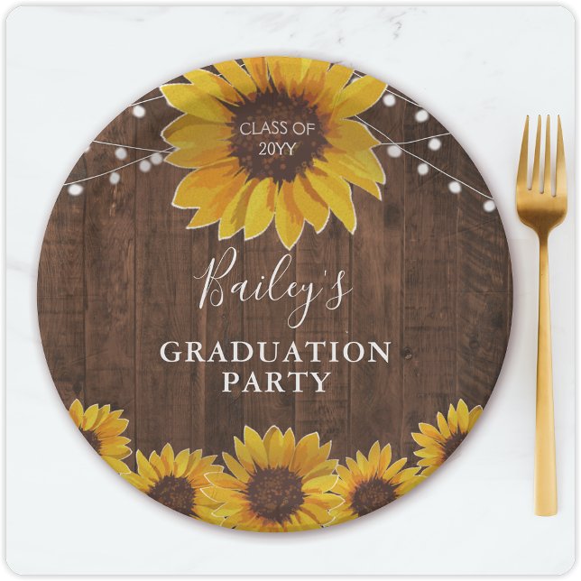 Rustic Sunflowers & Lights Photo Graduation Party Paper Plate (Creator Uploaded)
