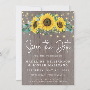 Rustic Sunflowers & Lights Photo Save the Date  In Invitation