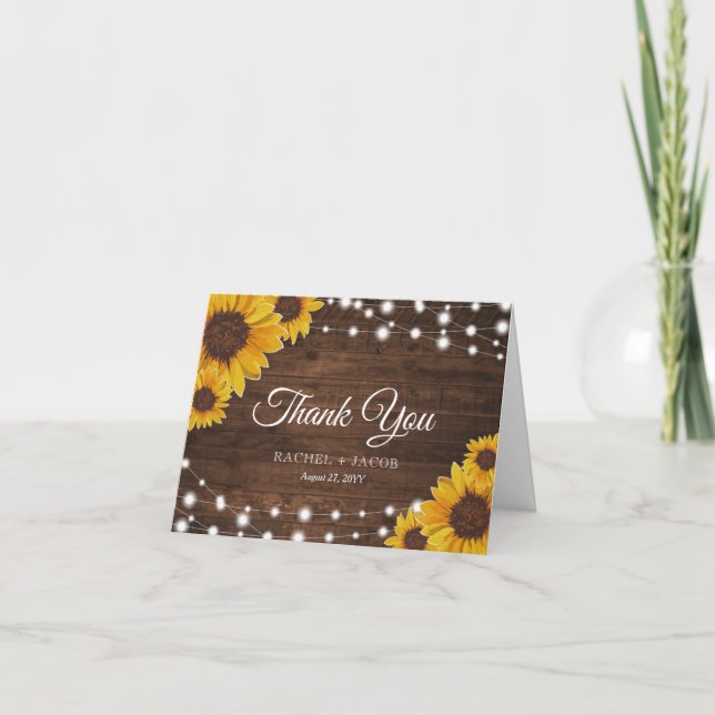Rustic Sunflowers & Lights Wedding Thank You Card (Front)