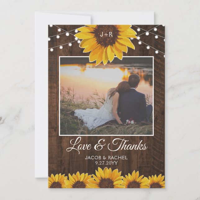 Rustic Sunflowers Lights Wedding Thank You Card (Front)