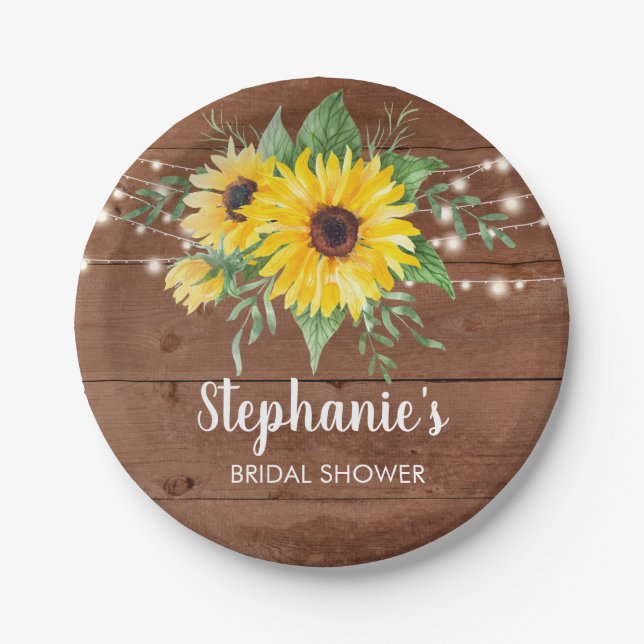 Rustic Sunflowers Lights Wood Bridal Shower Paper Plate (Front)