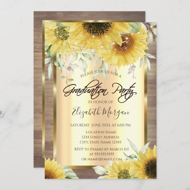 Rustic Sunflowers,Lights,Wood Graduation Invitation (Front/Back)