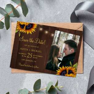 Rustic sunflowers lights wood photo wedding save the date