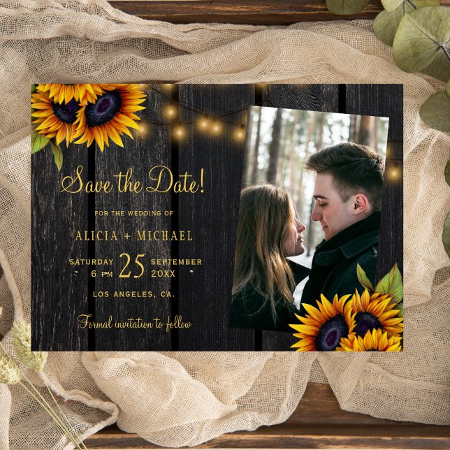 Rustic sunflowers lights wood photo wedding save the date (Creator Uploaded)