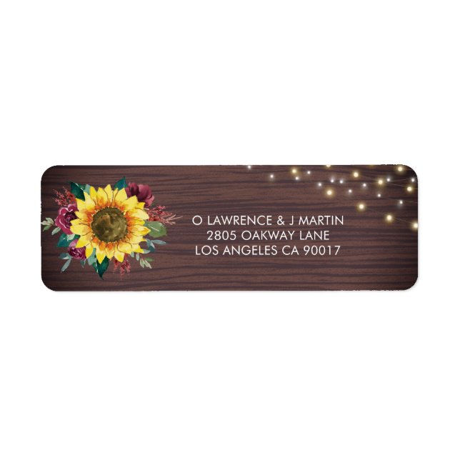 Rustic Sunflowers Lights Wood Wedding Address (Front)