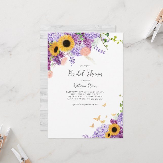 Rustic Sunflowers Lilac Country Chic Bridal Shower Invitation (Front/Back In Situ)