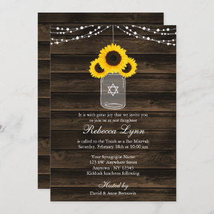 Rustic Sunflowers Mason Jar Barn Wood Bat Mitzvah Invitation