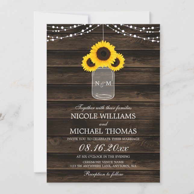 Rustic Sunflowers Mason Jar Barn Wood Wedding Invitation (Front)