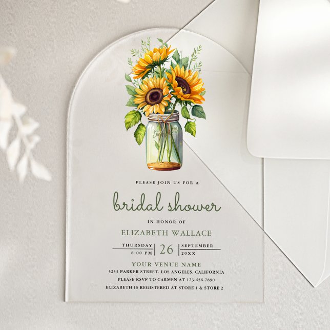 Rustic Sunflowers Mason Jar Bridal Shower Acrylic Invitations (Creator Uploaded)