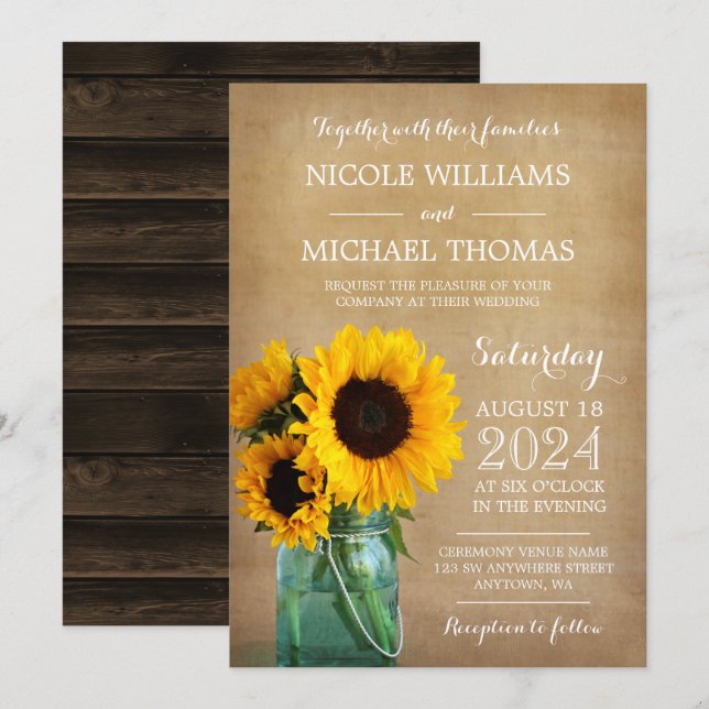 Rustic Sunflowers Mason Jar Country Wedding Invitation (Front/Back)