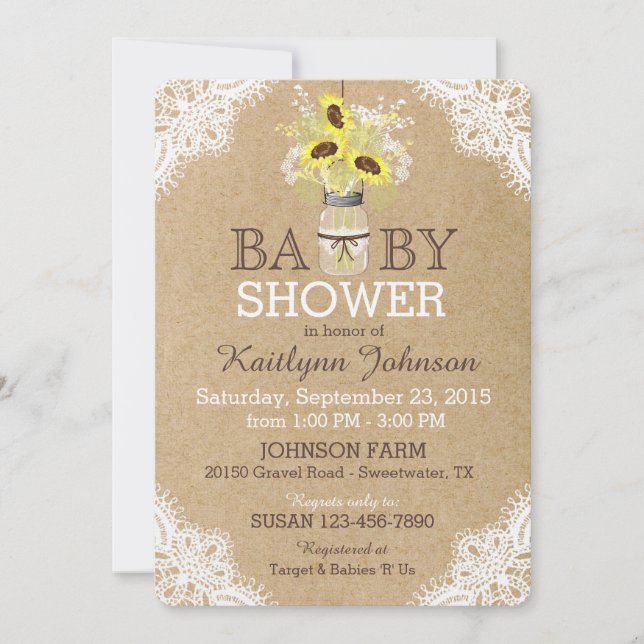 Rustic Sunflowers Mason Jar Lace Kraft Baby Shower Invitation (Front)
