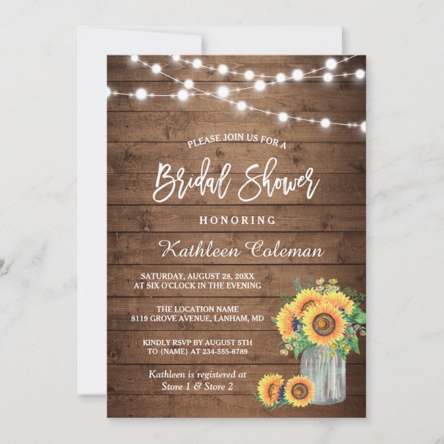 Rustic Sunflowers Mason Jar Lights Bridal Shower Invitation (Front)