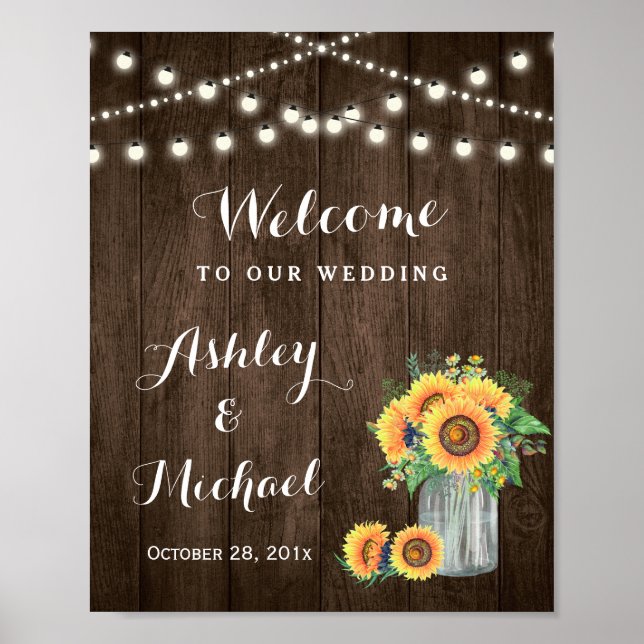 Rustic Sunflowers Mason Jar Lights Wedding Sign (Front)