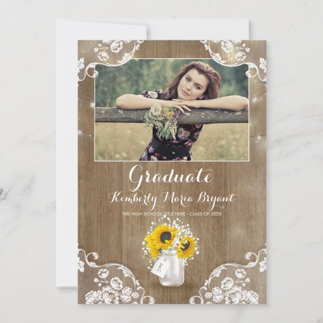 Rustic Sunflowers Mason Jar Photo Graduation Party Invitation (Front)