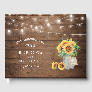 Rustic Sunflowers Mason Jar String Lights Wedding Guest Book