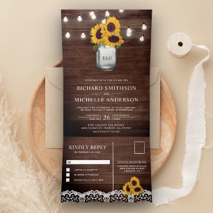 Rustic Sunflowers Mason Jar String Lights Wedding Tri-Fold Invitation