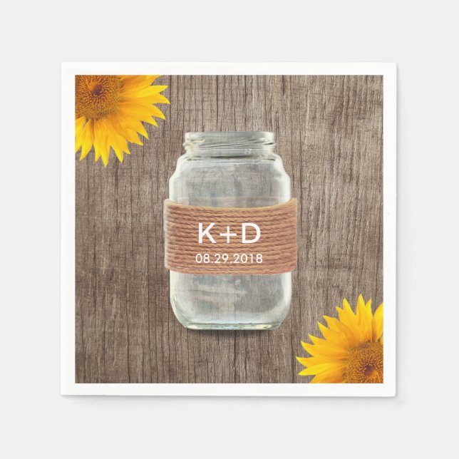 Rustic Sunflowers Mason Jar Vintage Wedding Napkin (Front)
