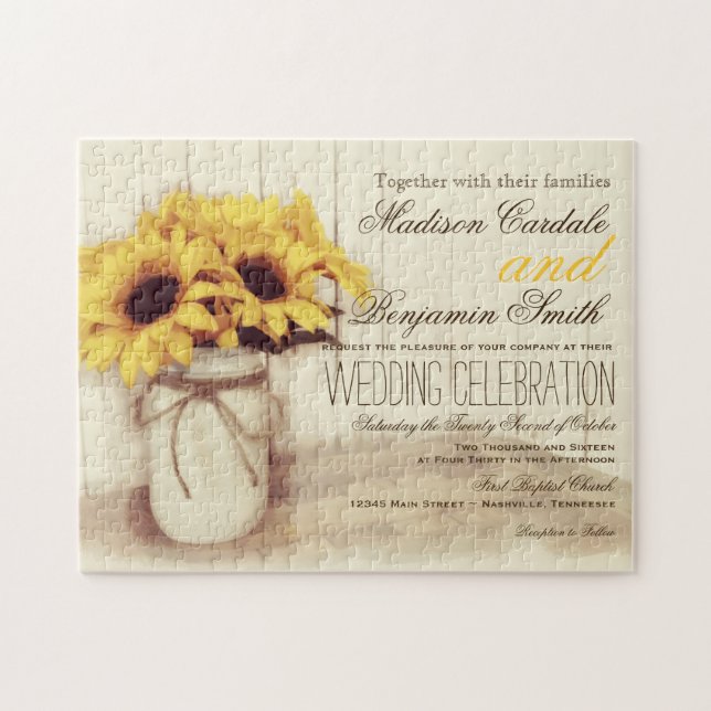 Rustic Sunflowers Mason Jar Wedding Invite Puzzle (Horizontal)