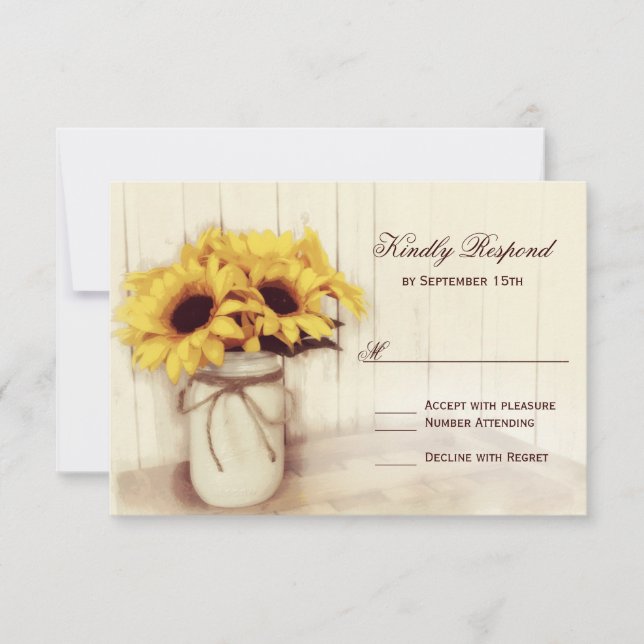 Rustic Sunflowers Mason Jar Wedding RSVP Cards (Front)