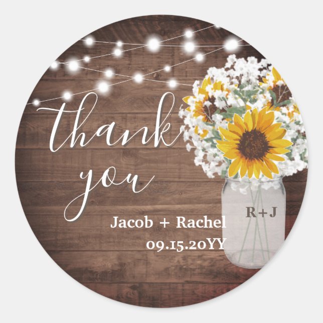 Rustic Sunflowers Mason Jar Wedding Thank You Classic Round Sticker (Front)