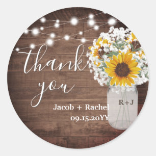 Rustic Sunflowers Mason Jar Wedding Thank You Classic Round Sticker