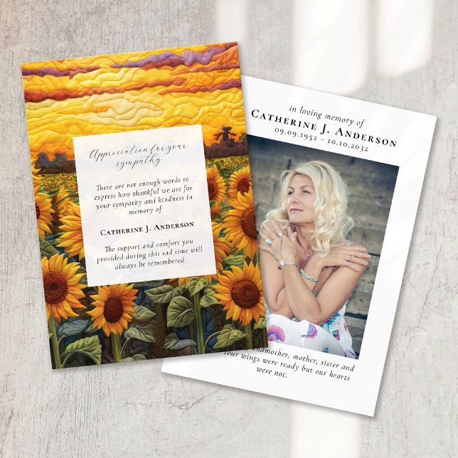 Rustic Sunflowers Memorial Photo Sympathy Funeral Thank You Card (Creator Uploaded)