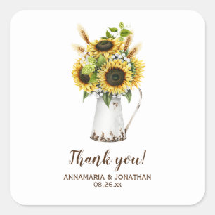 Rustic Sunflowers Metal Pitcher Wedding Thank You Square Sticker