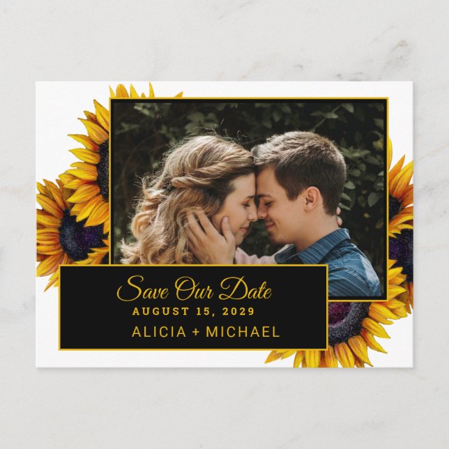 Rustic sunflowers modern photo wedding save date announcement postcard (Front)