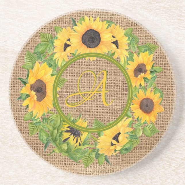 Rustic Sunflowers Monogrammed Burlap Coaster (Front)