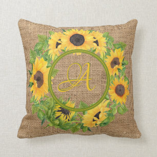 Rustic Sunflowers Monogrammed Burlap Decor Cushion