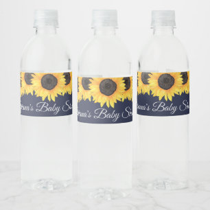 Rustic Sunflowers Navy Blue Baby Shower Water Water Bottle Label
