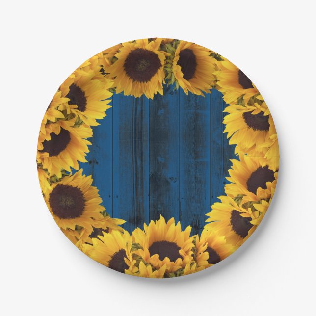Rustic Sunflowers Navy Blue Barn Wood Paper Plate (Front)