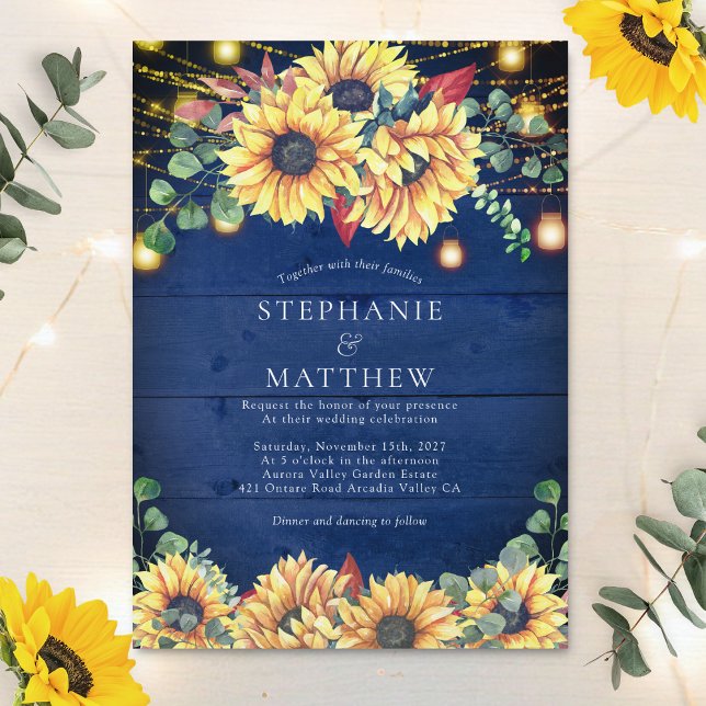 Rustic Sunflowers Navy Blue Jar Lights Wedding Invitation (Creator Uploaded)