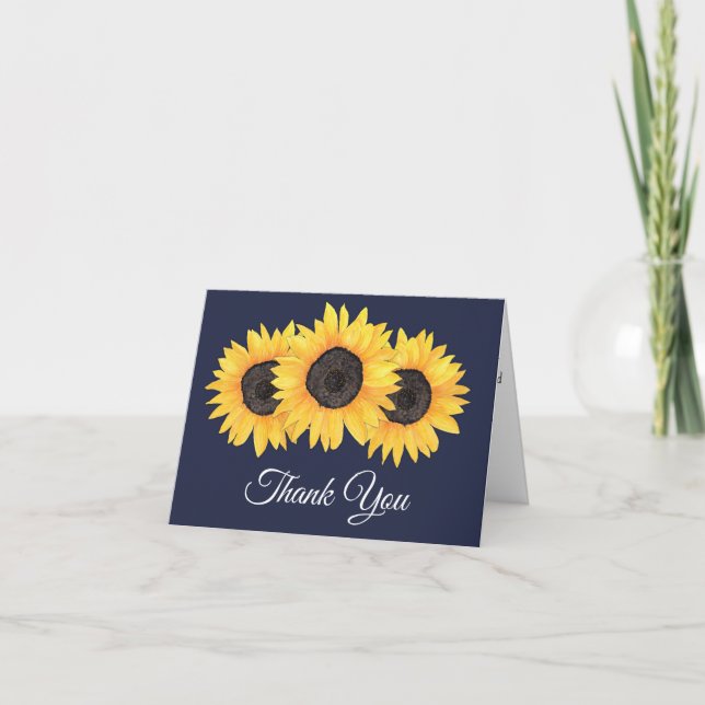 Rustic Sunflowers Navy Blue Thank You Card (Front)