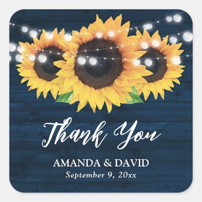 Rustic Sunflowers Navy Blue Wedding Favour Square Sticker (Front)