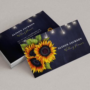 Rustic sunflowers navy blue wedding planner business card