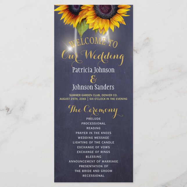 Rustic sunflowers navy blue wedding program programme (Front)
