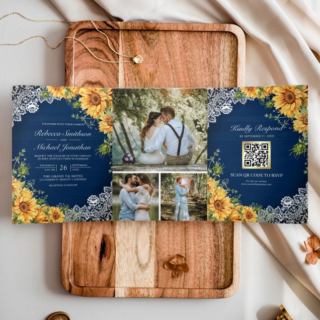 Rustic Sunflowers Navy Blue Wood QR Code Wedding Tri-Fold Invitation (Creator Uploaded)