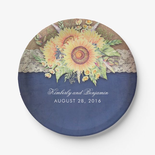 Rustic Sunflowers Navy Wedding Paper Plate (Front)