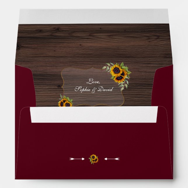 Rustic Sunflowers Old Barn Burgundy Wedding Envelope (Back (Bottom))
