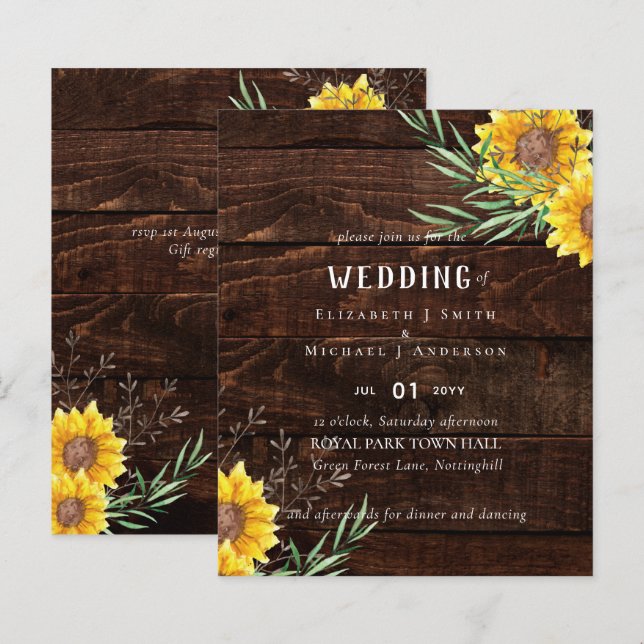 Rustic Sunflowers Olive Leaves Wedding Invite (Front/Back)
