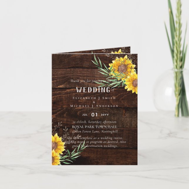 Rustic Sunflowers Olive Leaves Wedding Note Card (Front)