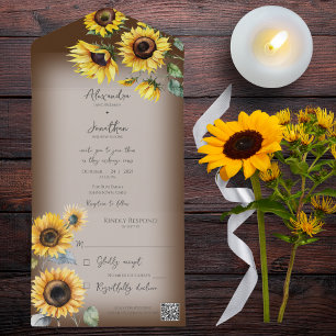 Rustic Sunflowers on Faded Brown QR Code  All In One Invitation