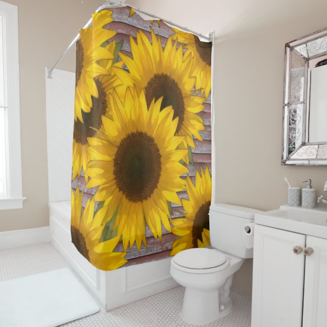 Rustic Sunflowers On Old Barn Wood Shower Curtain (In Situ)