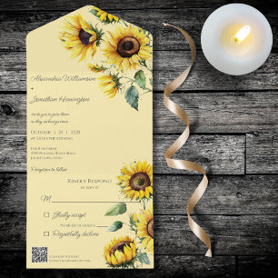 Rustic Sunflowers on Pale Gold with QR Code All In One Invitation